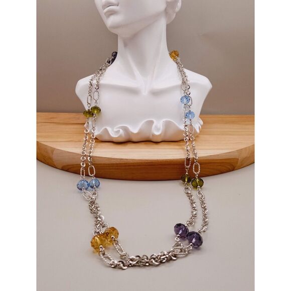 Vintage Long 60" Silver Tone Oval Link Faceted Crystal Beads Necklace - Picture 1 of 5